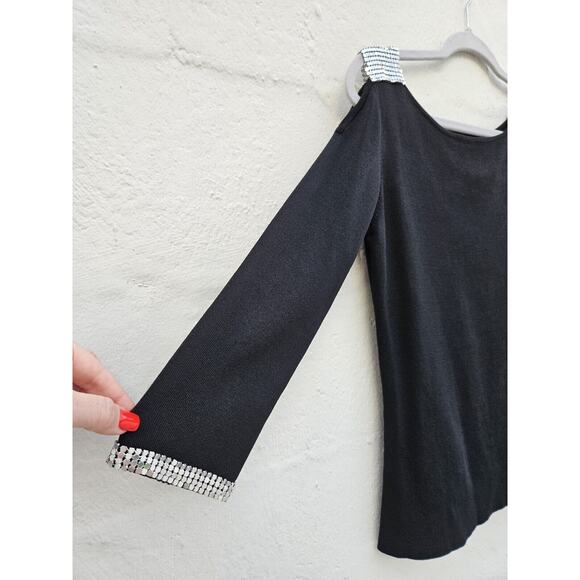 Vintage Y2K 90s Top Medium Black Nylon Spandex Ribbed Flare Cold Shoulder Sequin - Picture 3 of 10